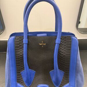 Pour La Victoire Blue and Black Leather and Suede Tote Handbag